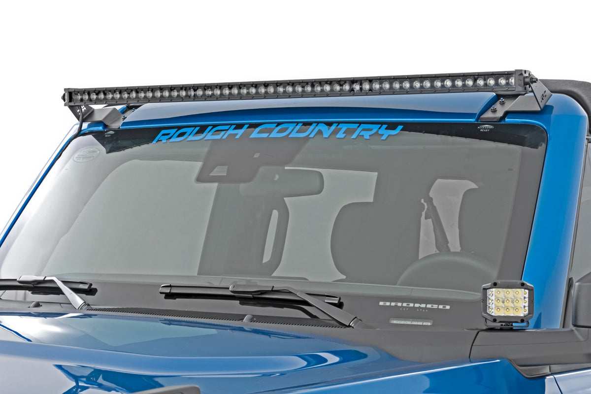 RC LED Light Kit | Upper Windshield | 50" Black Single Row | Ford Bronco (21-26) (manufacturer page)